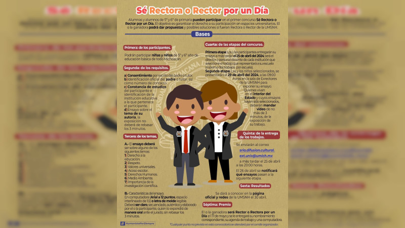 ¿Quieres ser rectora o rector de la UMSNH por un día?, niñas y niños podrán participar en el concurso que realiza la UMSNH 