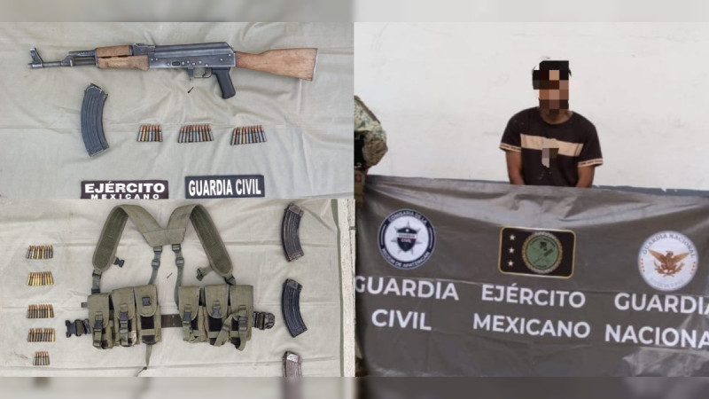 Caen dos presuntos sicarios con rifle de grueso calibre, munición y equipo táctico en Buenavista, Michoacán 
