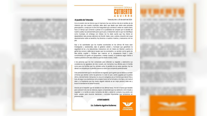 Privan de la vida a hermano de candidato de MC por la alcaldía de Tetecala, Morelos