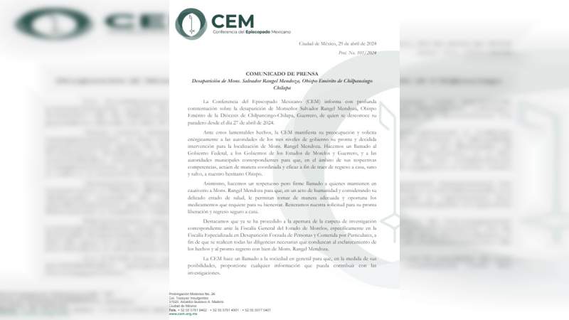 Reportan desaparición del obispo Salvador Rangel Mendoza en Morelos 