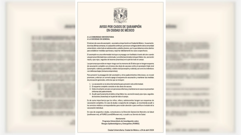 UNAM alerta por aumento de casos de sarampión en la CDMX