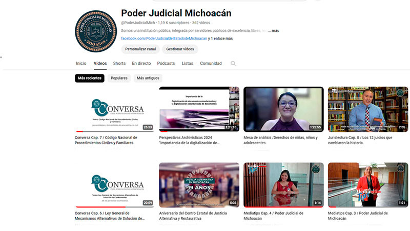 El Poder Judicial de Michoacán invita a su canal de YouTube  