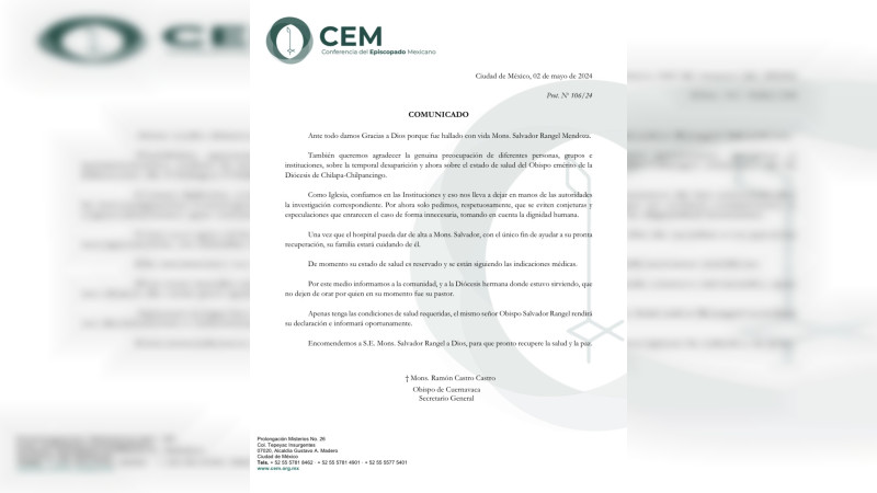 CEM pide evitar “conjeturas y especulaciones” en caso del obispo Salvador Rangel