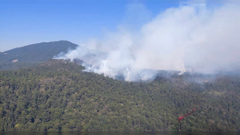 Por aire y tierra combaten incendio forestal en Pátzcuaro-Salvador Escalante 