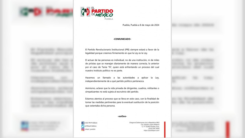 PRI se deslinda de Tania “N”, candidata suplente en Puebla, tras ser acusada de 7 delitos