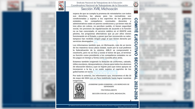CNTE anuncia paro indefinido a partir del 15 de mayo