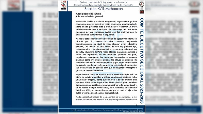 CNTE anuncia paro indefinido a partir del 15 de mayo