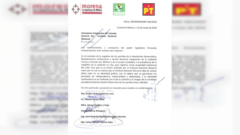 Morena y aliados pide al INE quitar el rosa de su identidad tras ser utilizado por la oposición