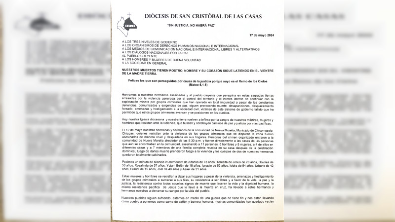 La Diócesis de San Cristóbal de las Casas exige seguridad en Chiapas; “Nuestros pueblos siguen sufriendo”
