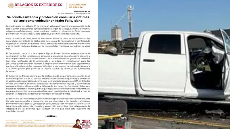 SRE ofrece ayuda a familiares de mexicanos que fallecieron en accidente de Idaho, EEUU 