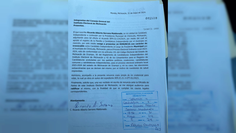 Renuncia candidato independiente de Chinicuila, Michoacán