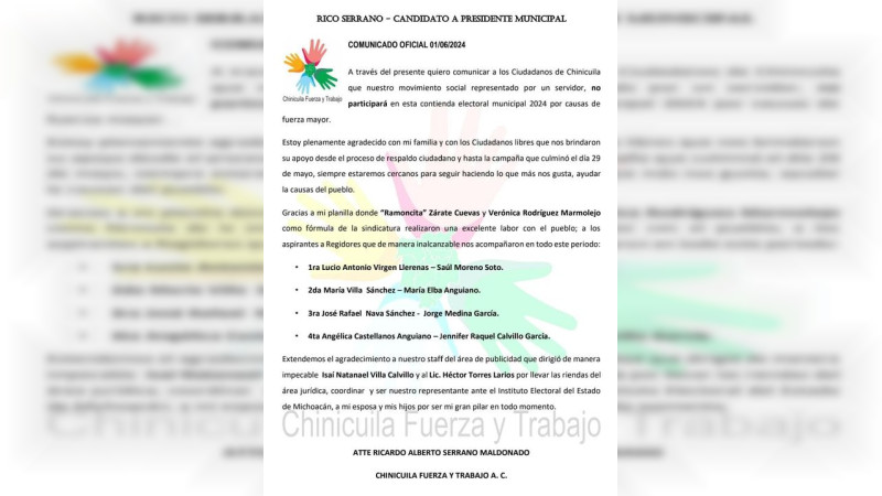 Renuncia candidato independiente de Chinicuila, Michoacán