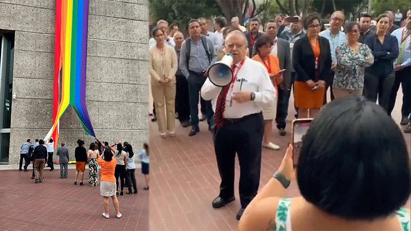 Comunidad LGBTIQ+ protesta en inmediaciones del Infonavit luego de que líder sindical rompiera bandera 