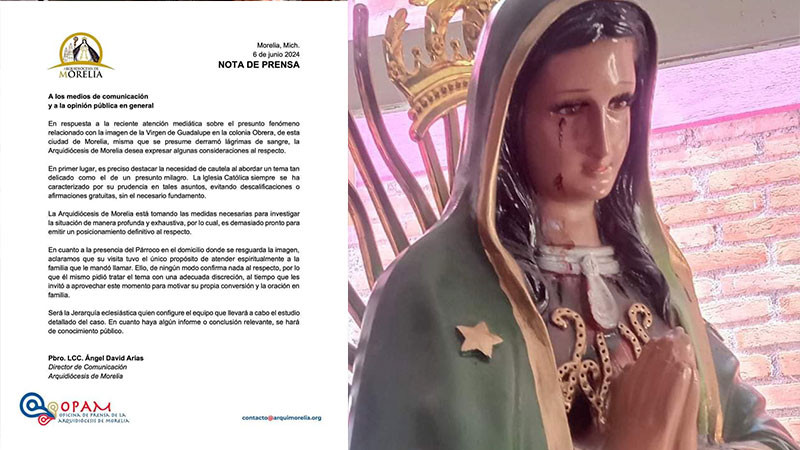 Arquidiócesis investigará caso de la Virgen que llora sangre en Morelia 