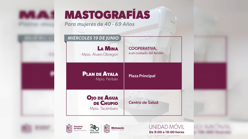 SSM realizará mastografías gratis en 9 municipios y localidades de Michoacán