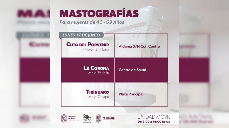 SSM realizará mastografías gratis en 9 municipios y localidades de Michoacán