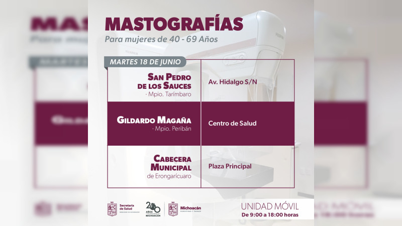 SSM realizará mastografías gratis en 9 municipios y localidades de Michoacán