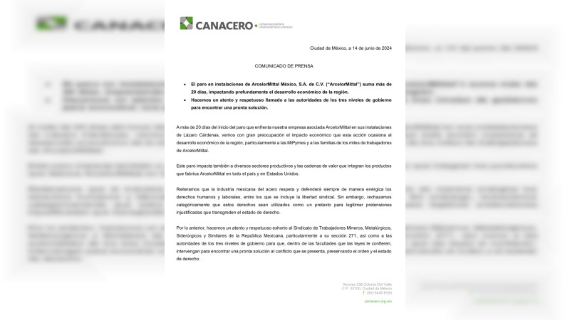 La Industria Acerera pide resolver huelga en ArcelorMittal en Lázaro Cárdenas, Michoacán