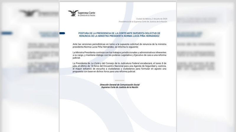 Ministra presidenta Norma Piña se mantiene en funciones, aclara SCJN