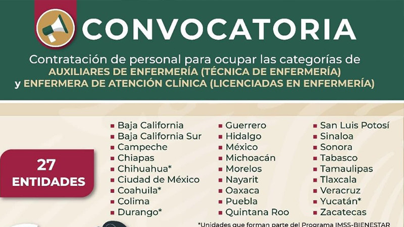 IMSS Bienestar abre convocatoria para contratar a personal de enfermería 