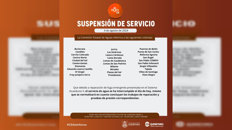 Suspenden servicio de agua por mega fuga en el Acueducto II, en Querétaro 