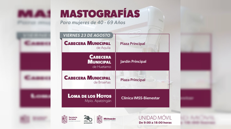 Unidades móviles de mastografía visitarán 8 municipios: Sector Salud Michoacán  