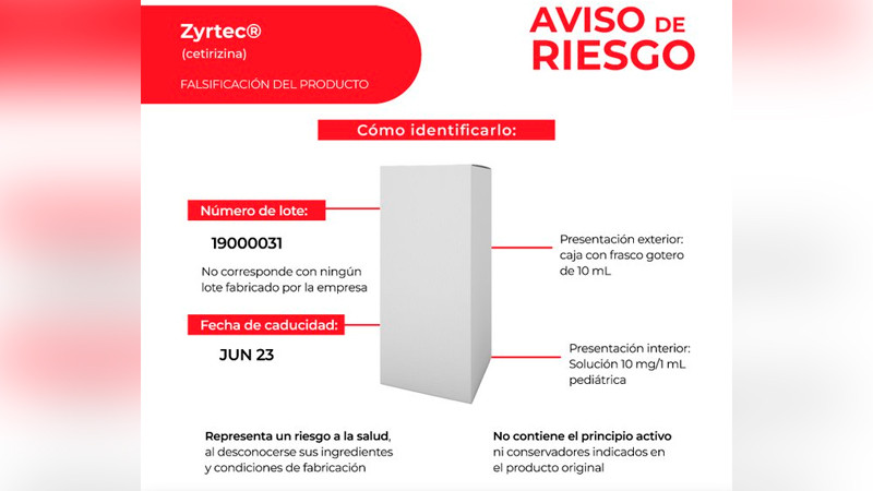 Alerta Cofepris por falsificación del antihistamínico Zyrtec para niños 