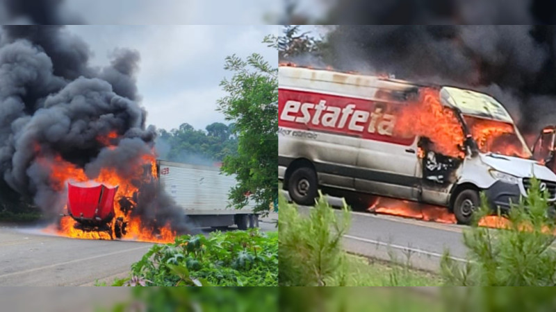 Comuneros roban y queman dos tráileres y camioneta de paquetería en Tangamandapio, Michoacán 