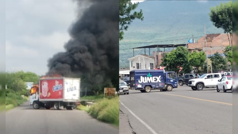 Violencia criminal llega a Apatzingán y Carapan, Michoacán: Queman camión repartidor y atraviesan vehículos en carretera 