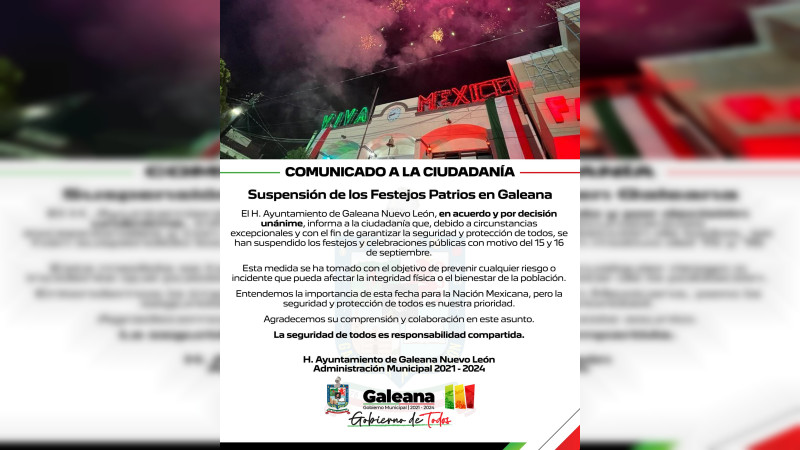 Suspenden festejos patrios en Galeana, Nuevo León, por inseguridad
