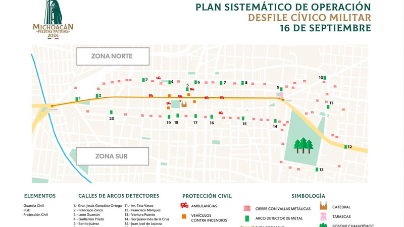 Ubica los 20 accesos controlados, para ingresar al Desfile Cívico–Militar del 16 de septiembre en Morelia 