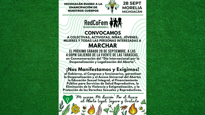 La RedCoFem convoca a marcha el 28 de septiembre en Morelia, Michoacán 