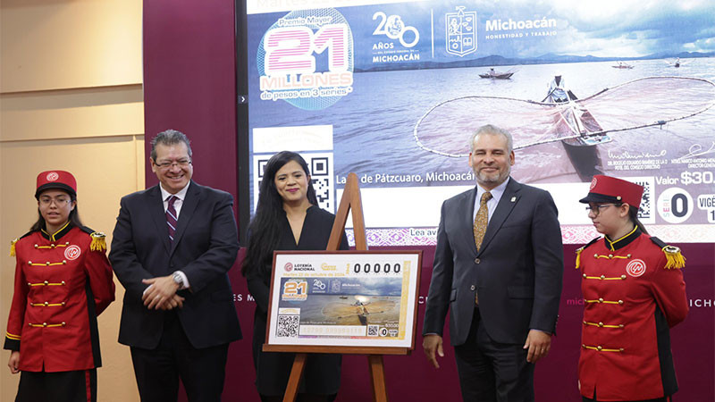 Develan Bedolla y la Lotería Nacional “cachito” conmemorativo por los 200 años de Michoacán 