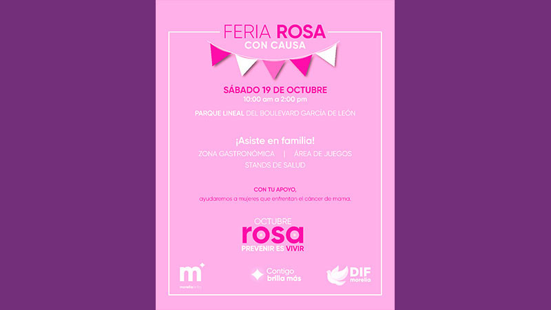 DIF Morelia invita a la Feria Rosa con causa para apoyar la lucha contra el cáncer de mama 