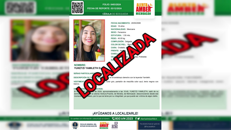 Localizan con vida a la menor Yuketzi Yamileth en Morelia; será entregada a sus padres 