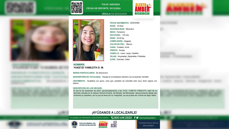 Yuketzi Yamileth salió por voluntad propia de su domicilio ante contexto familiar complicado: trabajadora Fiscalía Michoacán 
