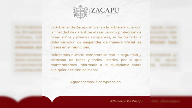Suspenden actividades escolares en Zacapu tras enfrentamientos armados 