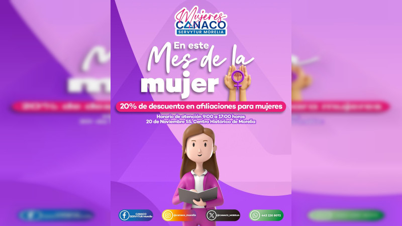 Últimos días para aprovechar el 20% en afiliación para mujeres en Canaco Morelia 
