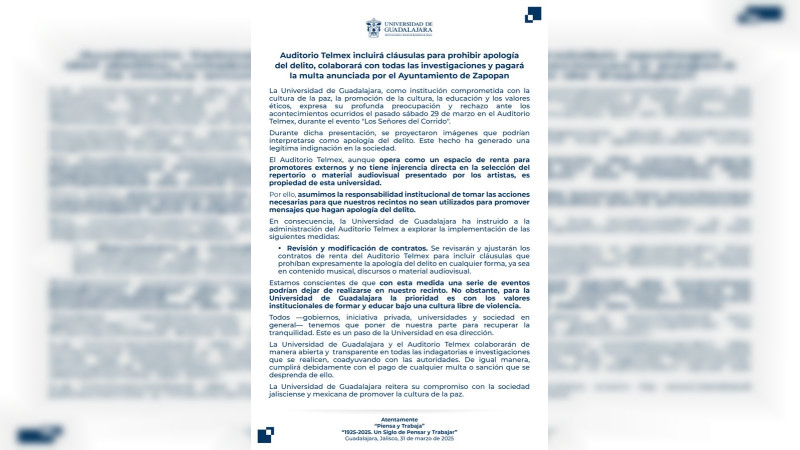 Auditorio Telmex pagará multa y ajustará contratos por homenaje a líder criminal
