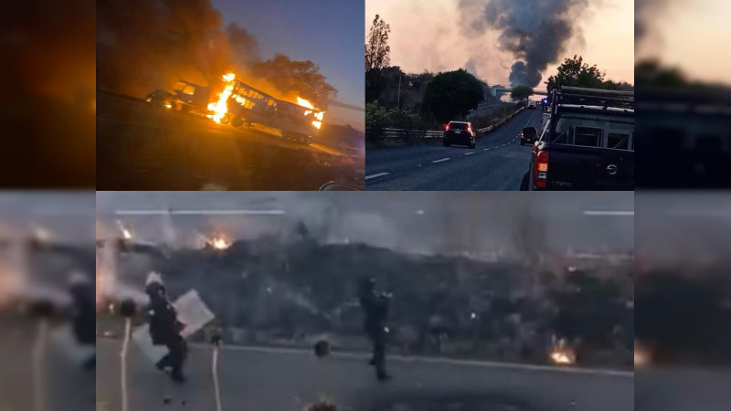 Secuestran normalistas 3 autobuses tras choque con la Guardia Civil y quema de tráiler en carretera Morelia – Pátzcuaro, Michoacán 