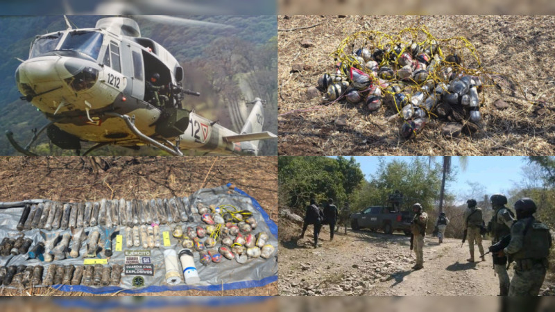 Desactivaban minas agentes emboscados en Apatzingán, Michoacán: Decomisados 116 explosivos y fusiles tras abatir a pistoleros con helicóptero; también intentaron atacarlos con drones 