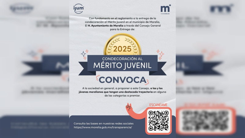 Gobierno de Morelia invita a las y los jóvenes a convocatoria a Condecoración al Mérito Juvenil 2025 