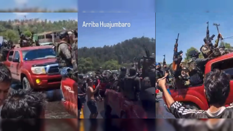 Sicarios del CJNG, de fiesta con el pueblo de Huajúmbaro, Michoacán, para celebrar Sábado de Gloria: Desfila convoy por carretera sin ser molestado 
