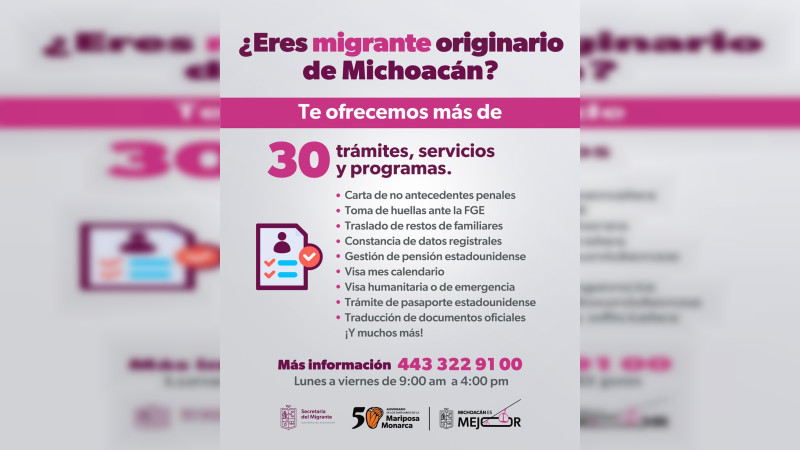 Más de 30 trámites, servicios y programas gratuitos para migrantes michoacanos 