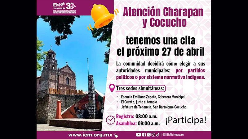 IEM realizará consulta para cambio de elección de autoridades municipales en Charapan y Cocucho 