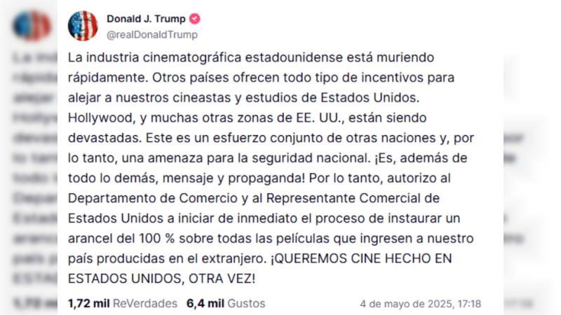 Anuncia Donald Trump aranceles del 100% a películas extranjeras