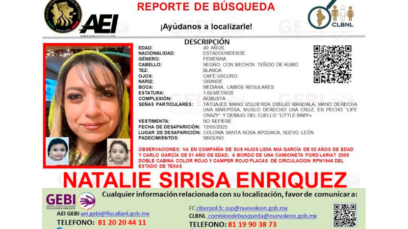 Reportan desaparición de mujer estadounidense y sus dos hijos en Nuevo León 