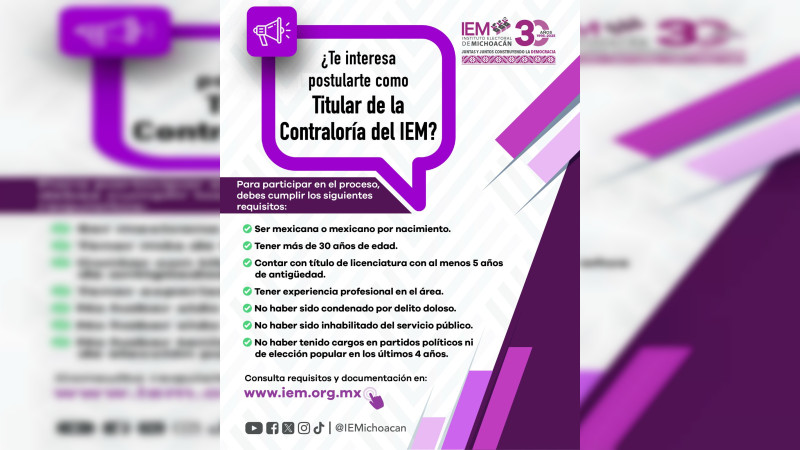 Hoy, último día para registrarse a la convocatoria del Órgano Interno de Control del IEM