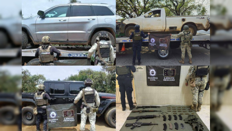 Militares y policías aseguran Jeep blindada de fábrica, armamento y otras dos camionetas, en Apatzingán, Michoacán 