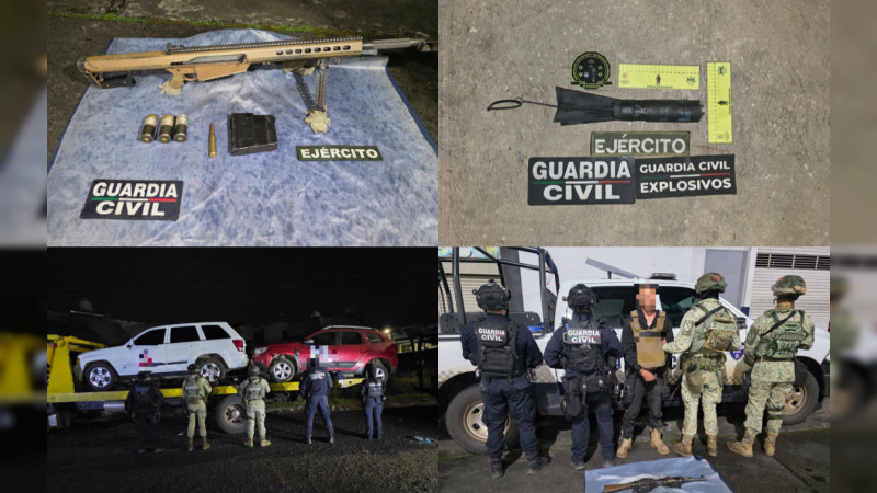 Rifle calibre 50, diez camionetas y 245 explosivos asegurados en campamento del crimen en Zitácuaro, Michoacán: Hay un detenido y decenas prófugos tras balaceras